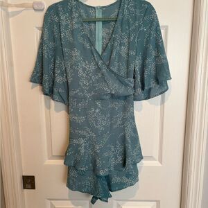 Teal Blue Floral Wrap Romper